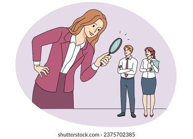 Empresaria usando una lupa buscando candidatos para el trabajo. Las jefas con lupa consideran la candidatura para la vacante de trabajo. Empleo y contratación. Ilustración vectorial.