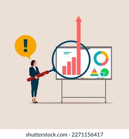 Businesswoman using a magnifying glass to look at graphs. Business growth. Flat vector illustration
