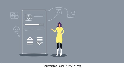businesswoman using mobile application car sharing app interface development concept business woman touching smartphone screen sketch doodle horizontal
