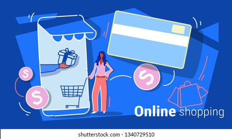 businesswoman using mobile application online market shopping concept female customer holding trolley card smartphone screen sketch full length horizontal