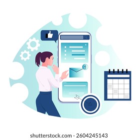 Businesswoman using mobile device interface with icons, digital elements, and calendar on abstract background. Concept of communication and organization. Vector illustration