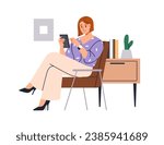 Businesswoman using mobile phone, cellphone. Business woman sitting with smartphone in hands, surfing internet, reading work chat. Flat graphic vector illustration isolated on white background