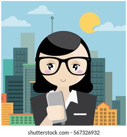 Businesswoman using mobile phone in the city. Young businesswoman using mobile phone in front of modern building.Internet Communication Flat Vector Illustration.