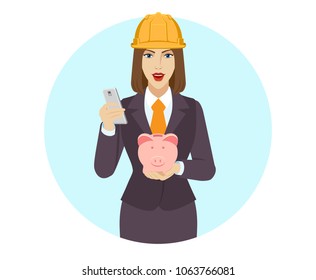 Businesswoman using a mobile phone and holding a piggy bank. Portrait of businesswoman in a flat style. Vector illustration.