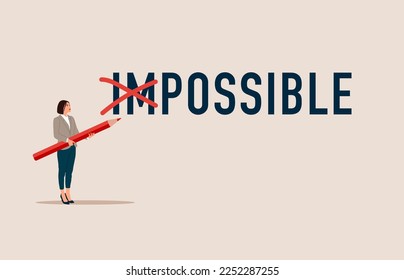 Businesswoman using pencil to cross out im from impossible. Сhallenge or hope to overcome difficulty and achieve success concept. Flat vector illustration.