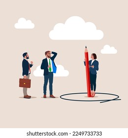 Businesswoman using pencil to draw personal space circle to protect from coworkers. Work boundary to limit access. Flat vector illustration.