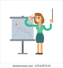 Empresaria usando el palillo del puntero en la Ilustración vectorial del tablero de presentación