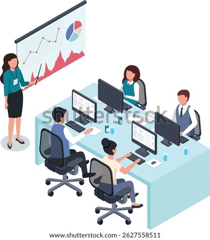 Businesswoman using pointer while giving presentation to office workers sitting at computers with increasing line graph and pie chart displayed on projection screen in isometric vector illustration