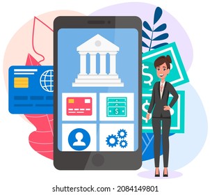 Businesswoman is using program for banking. Girl transferring funds online. Female character is making transactions with money. Person looking at phone screen with application for contactless payments