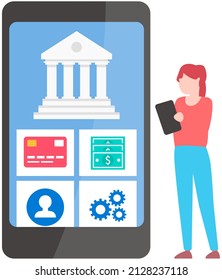 Businesswoman is using program for banking. Woman transferring funds online. Making transactions with money, online payment, business transfers. Contactless payments with application for laptop