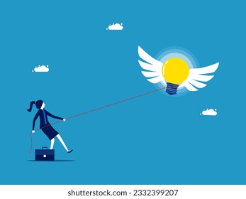 Businesswoman using a rope to hold a light bulb from escaping 