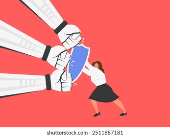 businesswoman using shield to fight with robotic fists punch vector illustration
