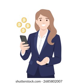 Empresária usando Smartphone com moedas de Bitcoin flutuante. Ilustração de vetor plano isolada no plano de fundo branco