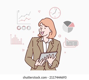 Businesswoman using tablet device, browsing internet playing and coworkers planning innovative ideas. Hand drawn in thin line style, vector illustration.