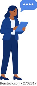businesswoman using a tablet with a speech bubble, vector illustration