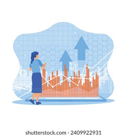 Businesswoman using tablet with an upward arrow with business graph. Economic growth concept. Concept Technology with Forex Graph Hologram. Trend Modern vector flat illustration