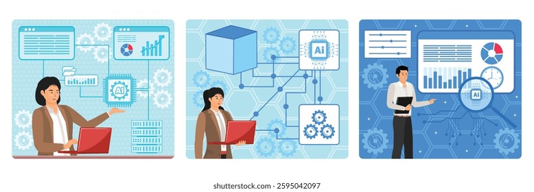 Businesswoman utilizing artificial intelligence and data analysis. Automate data transformation processes, data quality and usability. Analyze data in real time to gain insights.
