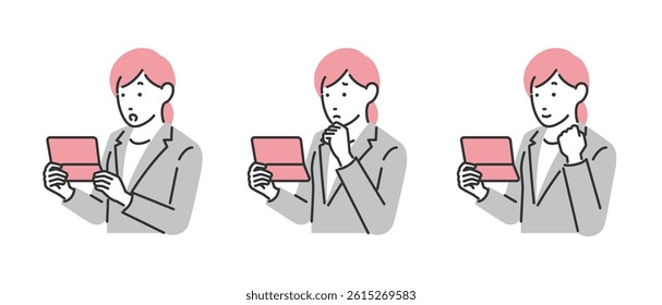 A businesswoman with various expressions looking at her bankbook.