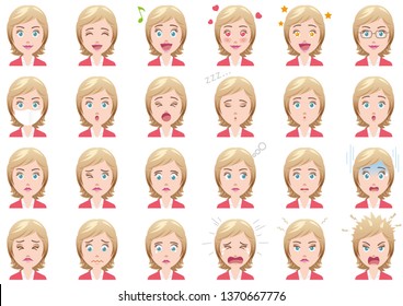 Businesswoman various facial expressions set. Vector characters isolated on a white background.
