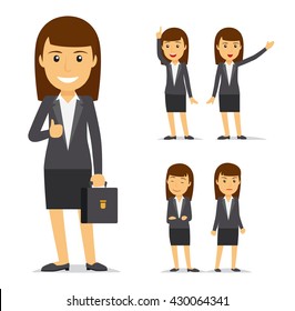 Businesswoman vector cartoon character. Business lady smiling and angry, pointing with her hand