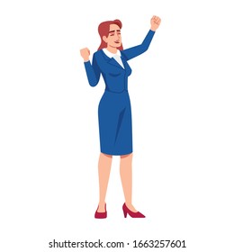 Empresarial victorioso gestos semiplanos RGB ilustración vectorial de color. Gerente de proyecto celebrando exitoso trato con un personaje de caricatura aislado de fondo blanco. Trabajo de oficina correcto