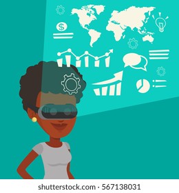 Businesswoman in virtual reality headset looking at the digital display with business graphs. Woman in virtual reality headset analyzing visual data. Vector flat design illustration. Square layout.