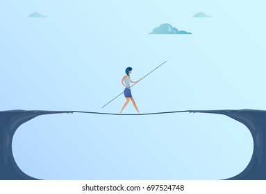 Businesswoman Walk Over Cliff Gap Mountain Business Woman Balancing Wooden Stick Bridge Flat Vector Illustration