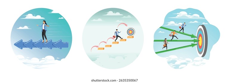 Businesswoman walk slowly on steady consistency arrow. Businessman run up stair to success. Business people run on arrow to target.
