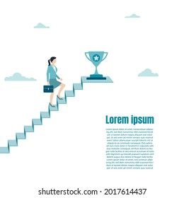 Businesswoman walk up to the trophy on the ladder of success. Award for achievement, victory, goal, champion achievement. Business success goal. Growth in career. Vector illustration flat