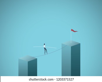 Businesswoman walking across gap on a tightrope vector concept. Symbol of business risk, courage, adventure, success and ambition, motivation. Eps10 vector illustration.