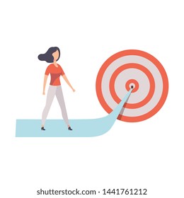 Businesswoman Walking to Arrow to Achieve Target, Achievement of Goal Vector Illustration