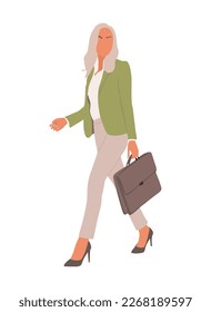 Mujer de negocios caminando. Atractiva mujer de negocios rubia vestida con elegante ropa de oficina casual con maletín. Ilustración vectorial del patrón Lady aislada en fondo blanco.