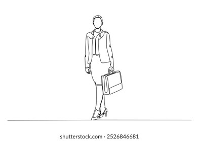 Businesswoman walking with briefacase in continuous one line drawing. Simple line art illustration of businesswoman with briefacase. Editable vector.