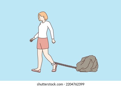 Businesswoman walking with burden on leg suffer from work duties and tasks. Unhappy female employee going with rock on foot struggle with hatred job. Vector illustration. 
