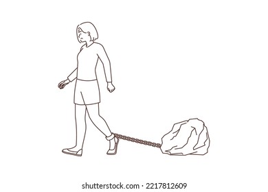 Businesswoman walking with burden on leg suffer from work duties and tasks. Unhappy female employee going with rock on foot struggle with hatred job. Vector illustration. 