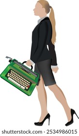 Businesswoman is walking and carrying a green typewriter in her hand