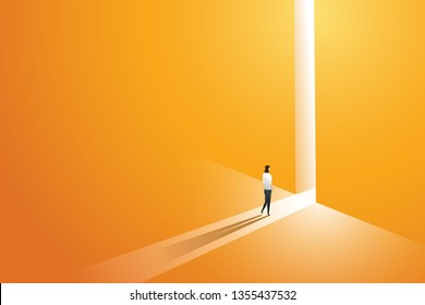 Businesswoman Walking Go To Front Of Bright Big Shining Door In The Wall Orange Of The Hole At Light Falls. Illustration Vector