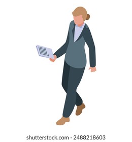 Businesswoman walking and holding documents isometric illustration
