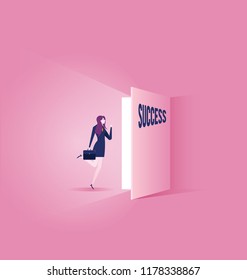 Businesswoman walking into the door to to success