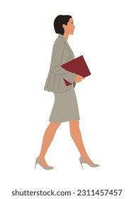 Businesswoman walking. Modern pretty woman in formal office outfit, gray skirt suit with document folder side view. Vector realistic illustration isolated on white background