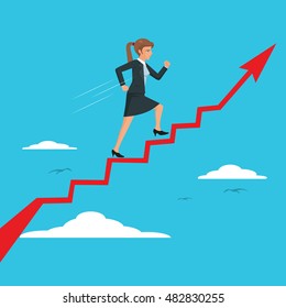 Businesswoman walking on arrow chart up, vector illustration cartoon