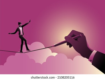 Businesswoman Walking On Balancing Tight Rope As It Is Drawn By Big Hand