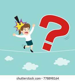 Businesswoman walking on rope meet question mark, illustration vector cartoon