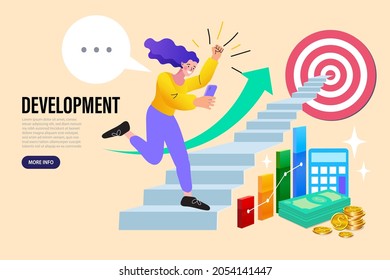 Businesswoman walking on stair. Graph to success. Business growing. Woman goes up step by step. Business boost concept. Vector illustration flat design.