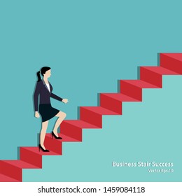 Businesswoman walking on staircase up to the goal. Business Achievement concept, Success, Leadership, Vector illustration flat