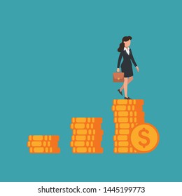 Businesswoman walking on stairs of money. Woman climbing on piles of coins. Business concept of growth, financial success, increasing profit. Flat vector illustration.