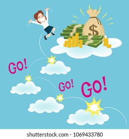 Businesswoman walking on step clouds to get money, success concept money