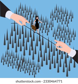 Businesswoman walking on thing rope held by two big hands isometric 3d vector illustration concept for banner, website, illustration, landing page, flyer, etc