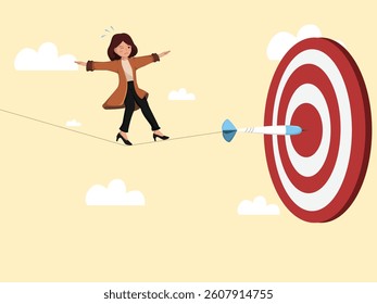 Businesswoman Walking on Tightrope Toward Bullseye Concept of Risk Management, Strategic Focus, and Achieving Goals Under Pressure.