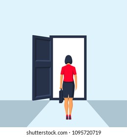 Businesswoman walking to opened door. Standing before the opening. Vector illustration flat design. Isolated on background. Business concept. Creative people.